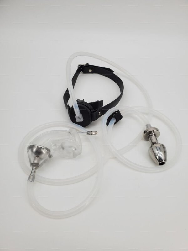 Silicone catheter urine transfer gag gear featuring sleek tubing and metal components.