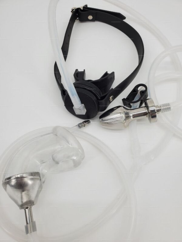 Silicone Piss sleeve with gag and plug , featuring durable materials for fetish play.