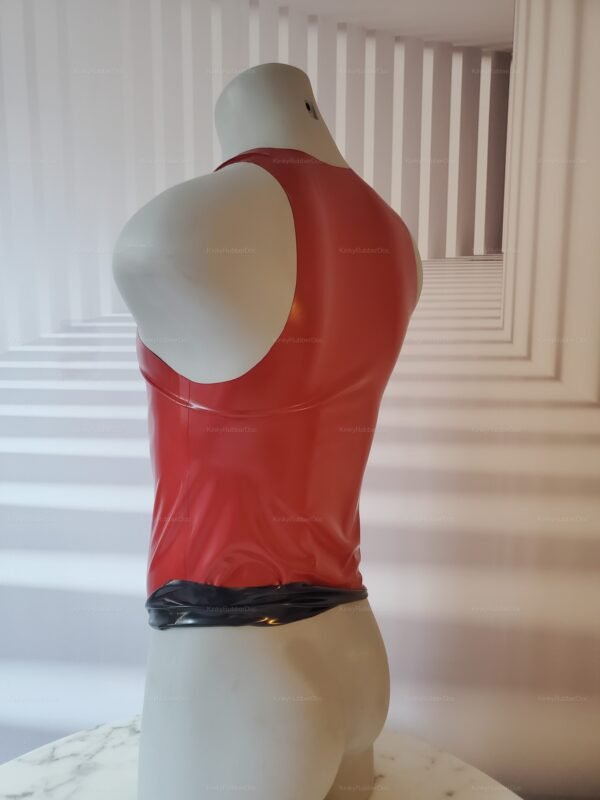 Red and black sleeveless latex shirt with a sleek, glossy finish.