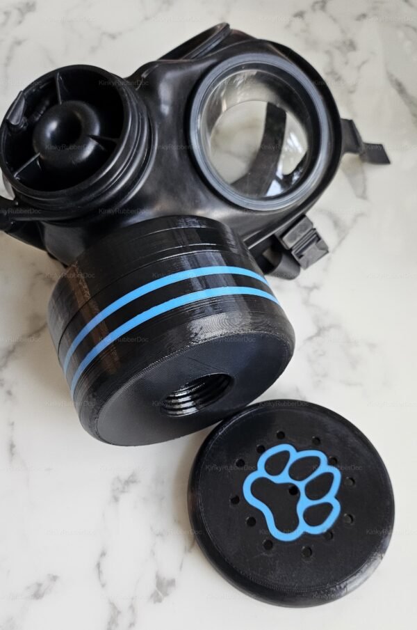 A sleek black and blue smell chamber with RD40 thread, featuring a paw print design on the lid for a unique sensory experience.