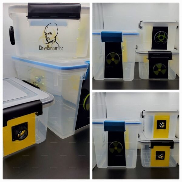 Transparent storage boxes for sock and jockstrap scent play, featuring bold biohazard symbols and secure latches.