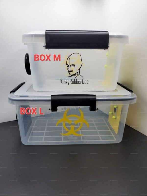 Transparent sniff box XL with hose for gas mask, featuring black and yellow accents, ideal for kinky accessories.