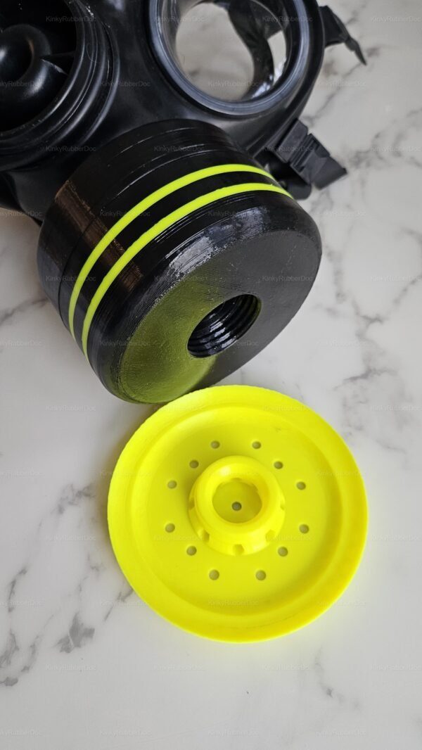 A black and neon yellow sniff canister designed for a gas mask, featuring a sleek, textured exterior and a perforated lid.