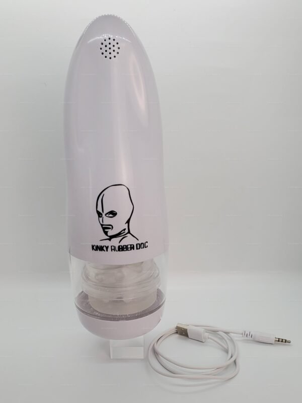 Transparent solo-play rotating masturbator with sleek design and USB charging cable.