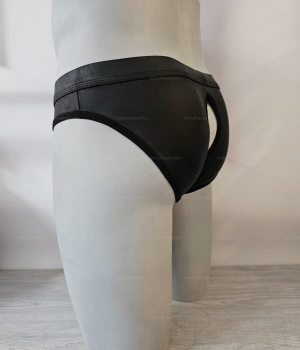 Black stretchy PU briefs with an access hole in the rear, showcasing a sleek and adventurous design.