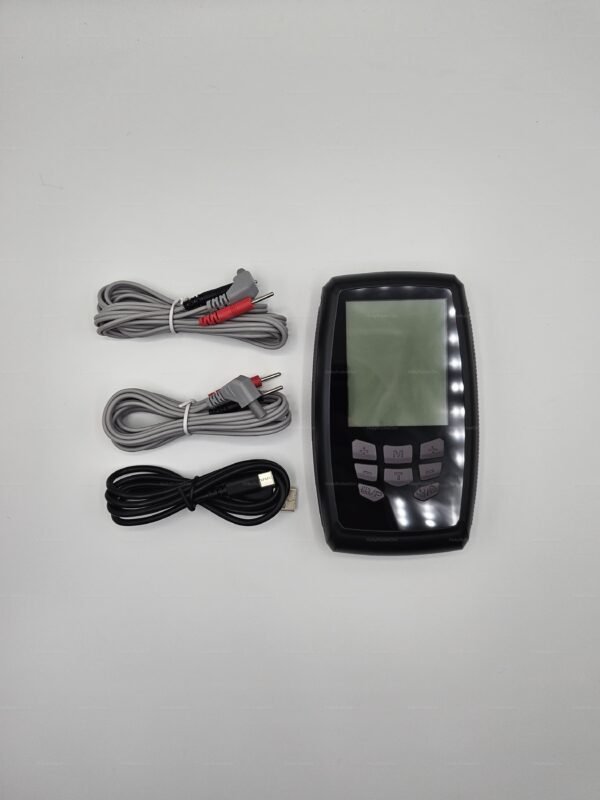 The TENS Electro Play Stimulator Unit with cables, designed for sensual electrostimulation experiences.