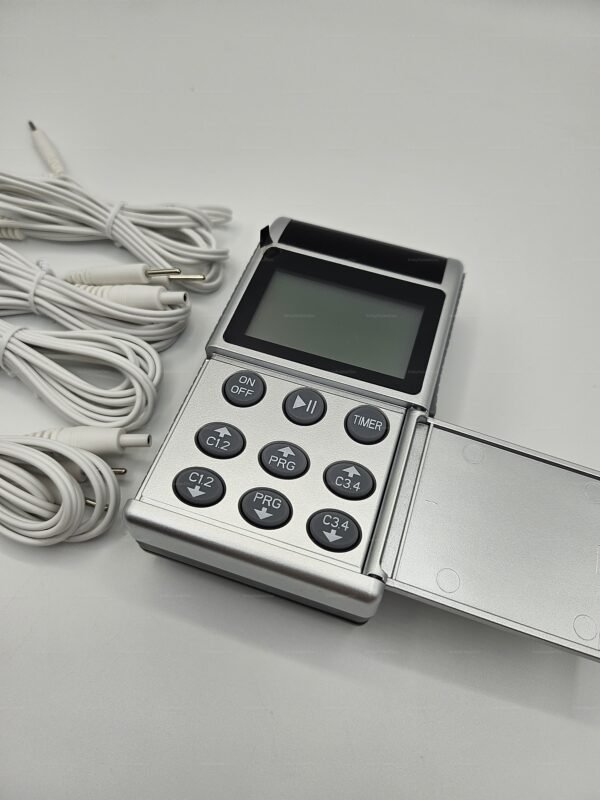 A sleek silver Tens Power Box 4-Port Dual Channel with multiple control buttons and accompanying white cables.