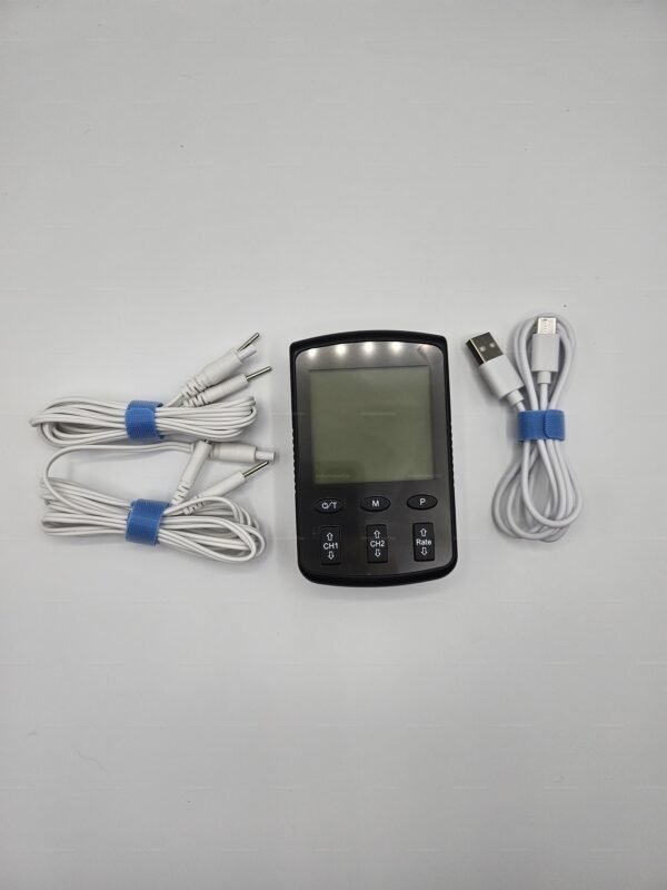 TENS-style estim box with two-channel USB cables for sensory exploration.