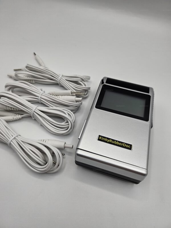 Sleek silver BDSM electro play controller with multiple cables for diverse sensations.