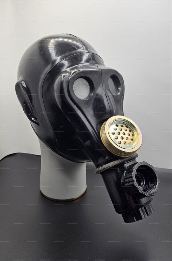 Sleek black latex gas mask with customizable ports for enhanced breathplay experiences.