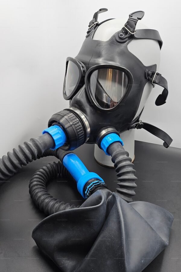 Upgraded rubber gas mask with RD40mm front port featuring sleek black material and blue accents.