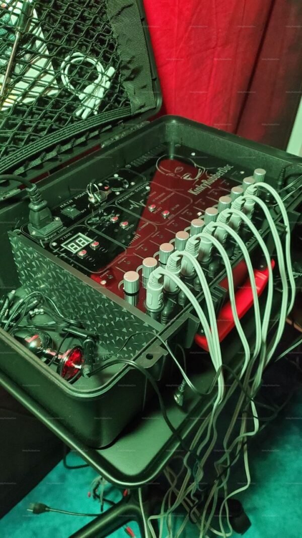 A sophisticated urethral-electrode-andronus-electro-case featuring multiple cables and control knobs in a sleek black and red design.