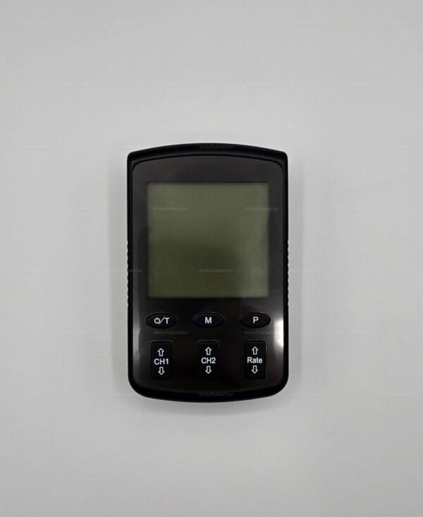 Sleek black USB-rechargeable e-stim control unit with multiple function buttons for customizable sensations.