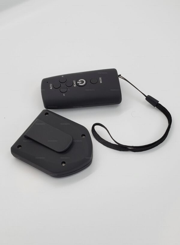 Sleek black wireless e-stim power box with remote control for enhanced sensory experiences.