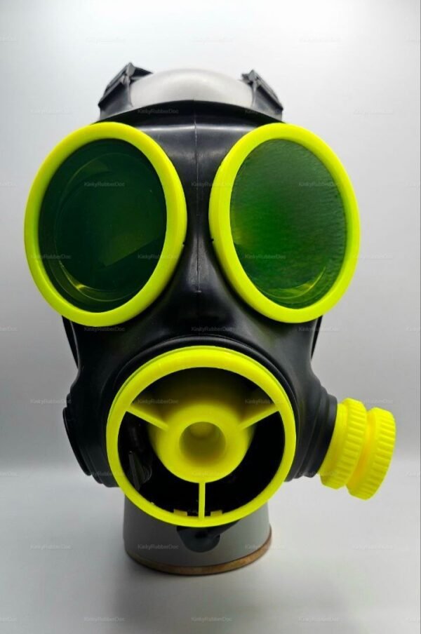 Bold black and yellow fetish mask with distinct round lenses and an industrial vibe.