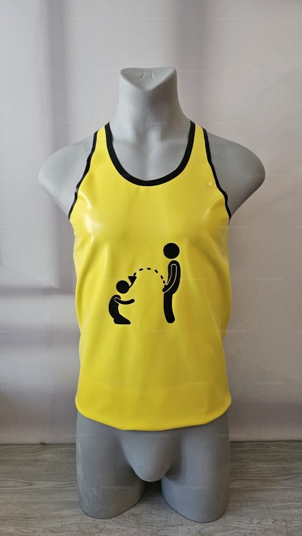 Bright yellow latex shirt with black trim, featuring a playful silhouette design, perfect for the adventurous spirit.