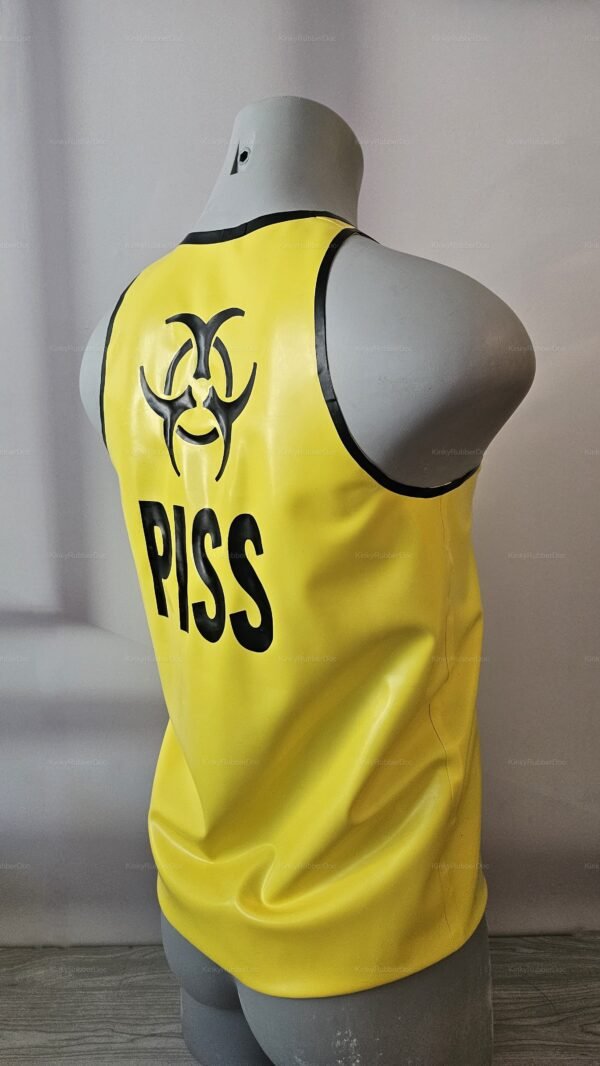 Bright yellow rubber tank top with bold black lettering and a biohazard symbol, designed for a daring and edgy look.